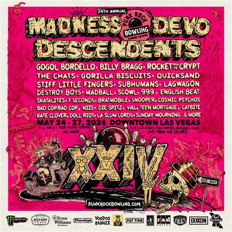 Punk rock bowling 2024 - Punk Rock Bowling and Music Festival happening at Downtown Las Vegas - DLV Events Center, 200 S. Third, Las Vegas, NV 89101, United States on Sat May 25 2024 at 11:59 am ... the Dickies, and more. 🗓️ Mark your calendar from May 25, 2024 to May 25, 2024 at Downtown Las Vegas - DLV Events Center. Punk Rock Bowling and Music Festival is a ...